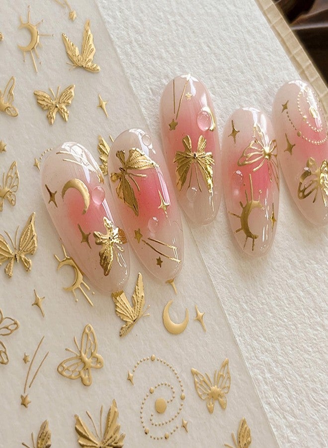 TOGZOM 5D Embossed Gold Nail Stickers Butterfly Nail Art Stickers Spring Nail Decals Golden Self-Adhesive Star Moon Nail Decals for Women Girls Acrylic Nails Manicure DIY Nail Supplies - Image 4